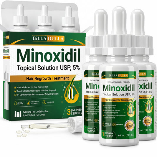 5% Minoxidil Hair Growth Treatment for Men - Extra Strength Topical Solution USP 5 Percent for Hair Loss, Hair Regrowth, Thinning Hair & Receding Hairline - Fast Hair Growth Serum with Dropper Applicator for Beard Growth & Fuller Thick Hair, 3 x 60mL