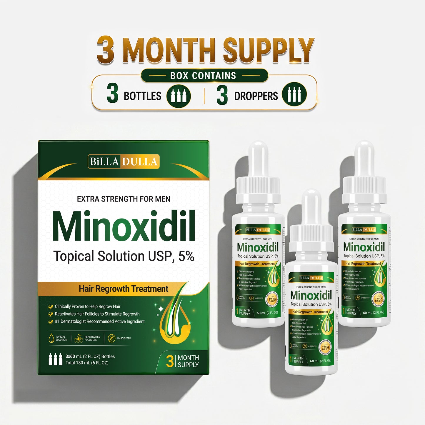 5% Minoxidil Hair Growth Treatment for Men - Extra Strength Topical Solution USP 5 Percent for Hair Loss, Hair Regrowth, Thinning Hair & Receding Hairline - Fast Hair Growth Serum with Dropper Applicator for Beard Growth & Fuller Thick Hair, 3 x 60mL