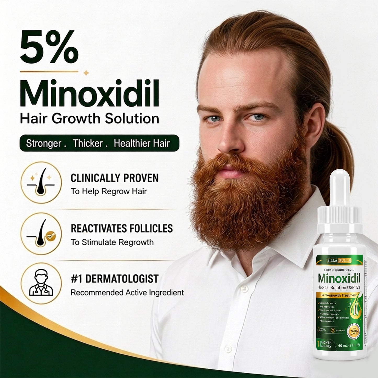 5% Minoxidil Hair Growth Treatment for Men - Extra Strength Topical Solution USP 5 Percent for Hair Loss, Hair Regrowth, Thinning Hair & Receding Hairline - Fast Hair Growth Serum with Dropper Applicator for Beard Growth & Fuller Thick Hair, 3 x 60mL